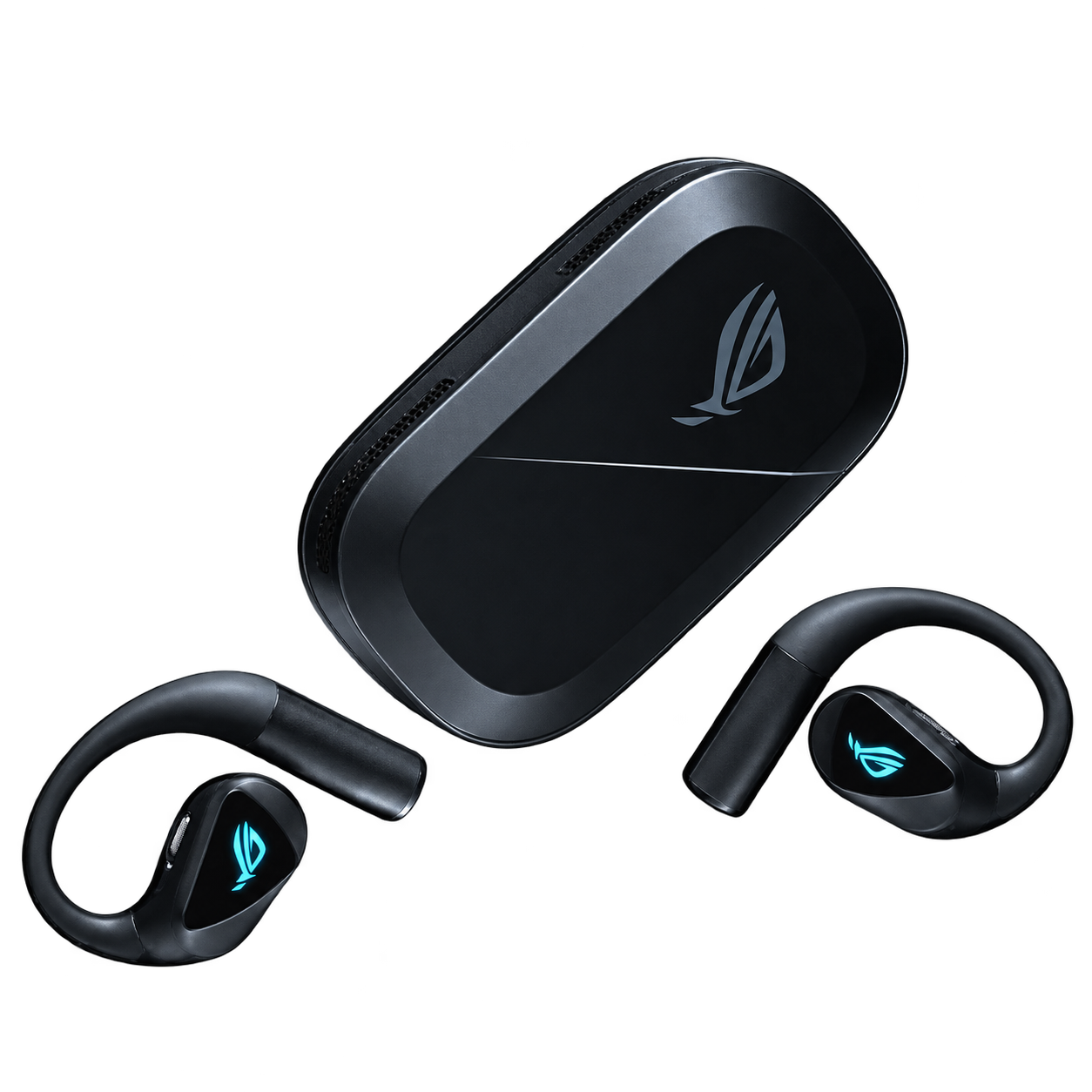 ROG Cetra Open Wireless open-ear earbuds with their closed charging case